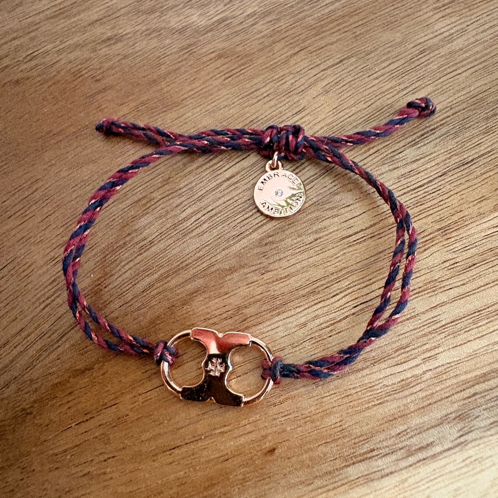 Tory Burch Embrace Ambition Rose Gold Token Braided Cord Bracelet in Blue-Pink